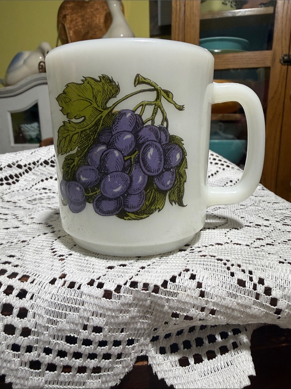 Vintage grapes mug one sided milk glass painted